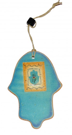 Turquoise Blue Ceramic Hamsa with Miniature Hamsa and Orange Rectangle