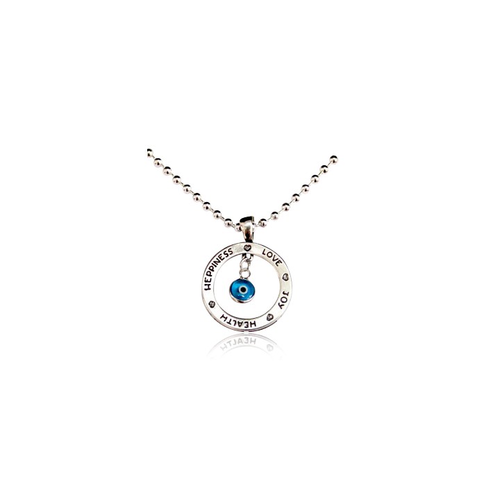 Happiness Love Joy and Health Circle Pendant with Evil Eye