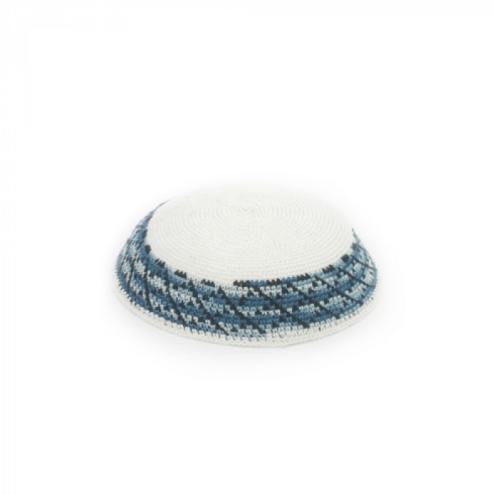 15 Centimeter Tightly-Knitted Kippah in White with Detailed Blue Border Design