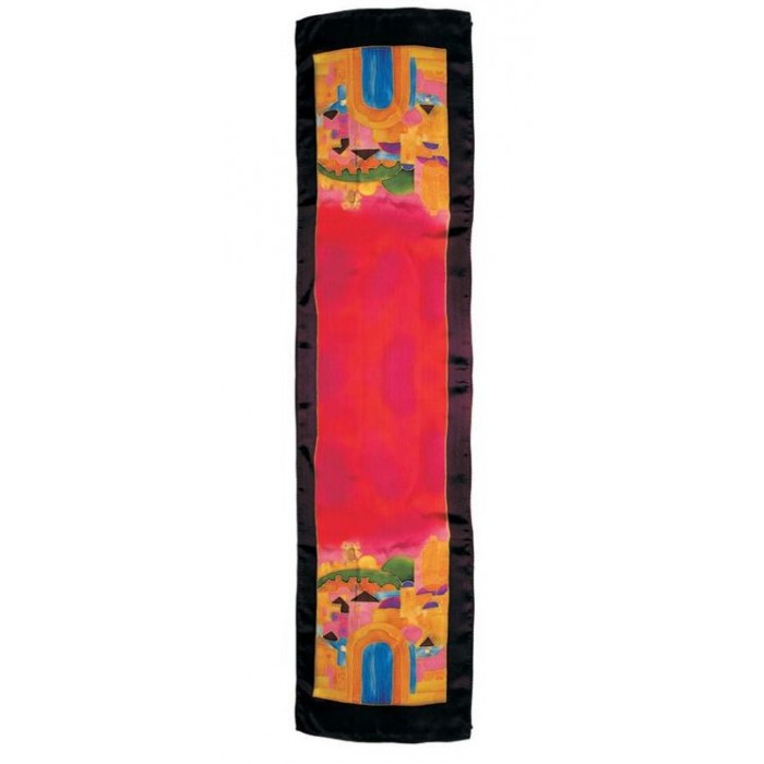 Silk Scarf with Pink Band and Jerusalem in Bright Colors