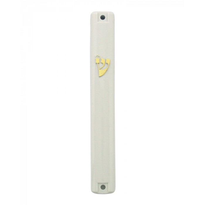 20cm Mezuzah with Rubber Plug and Gold Shin in White Plastic
