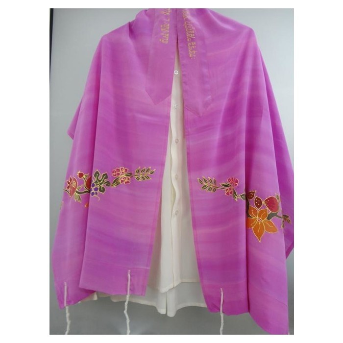 Pink Silk Women’s Tallit with Flowers and Fruit Design by Galilee Silks
