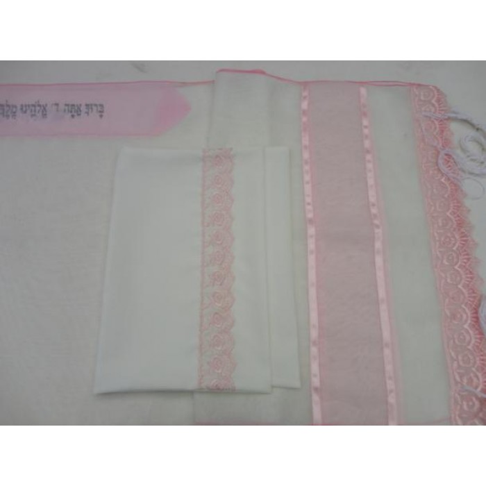 White Women’s Tallit with Baby Pink Lace by Galilee Silks