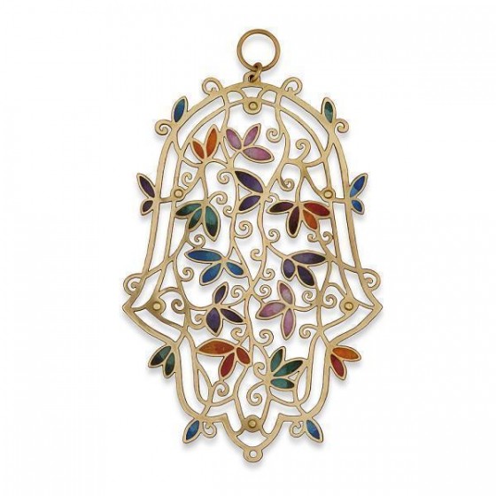 Brass Hamsa with Multicolored Leaves and Scrolling Lines