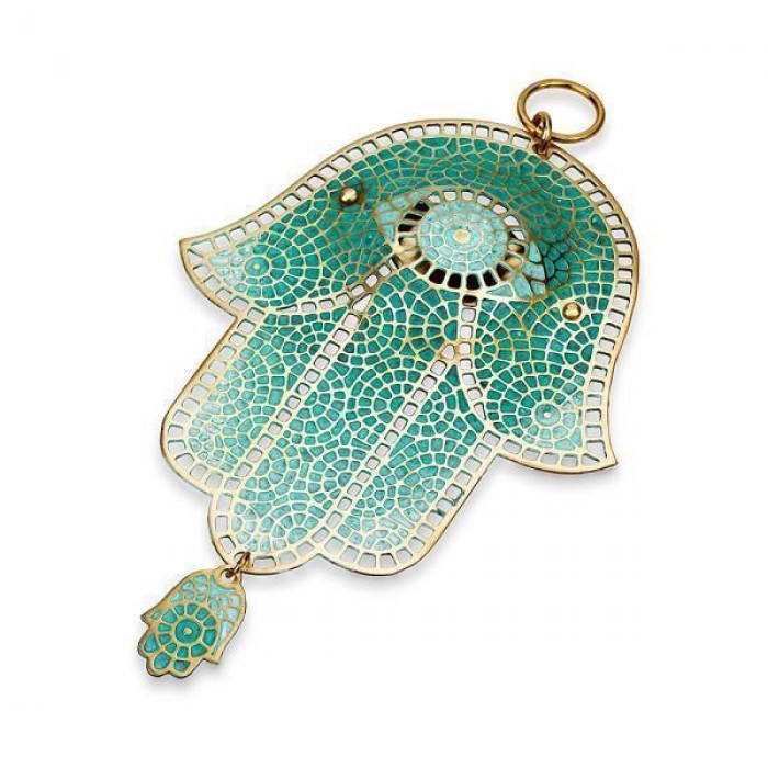 Brass Hamsa with Patina Mosaic Pattern, Hanging Charm and Large Eye
