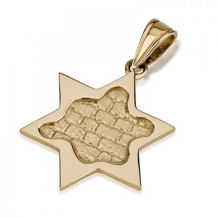 14k Yellow Gold Star of David Pendant with Inscribed Western Wall Image