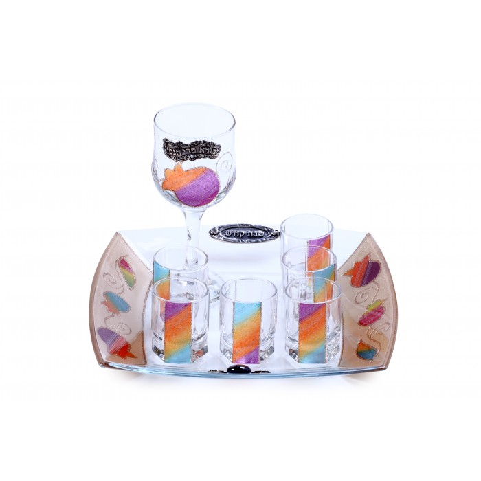 Glass Kiddush Cup Set with Seven Cups, Tray, Rainbow Colors and Pomegranates