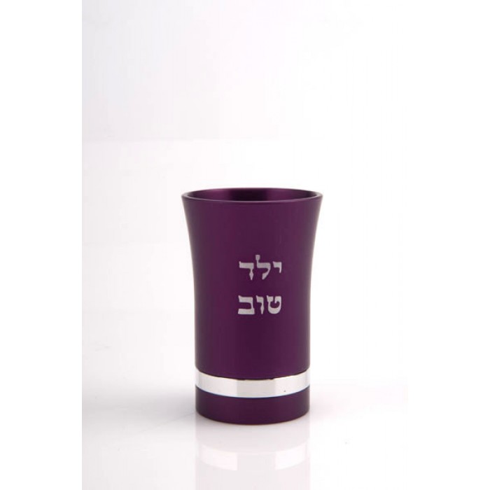 Purple Aluminum Kiddush Cup with Silver Hebrew Text and Stripe