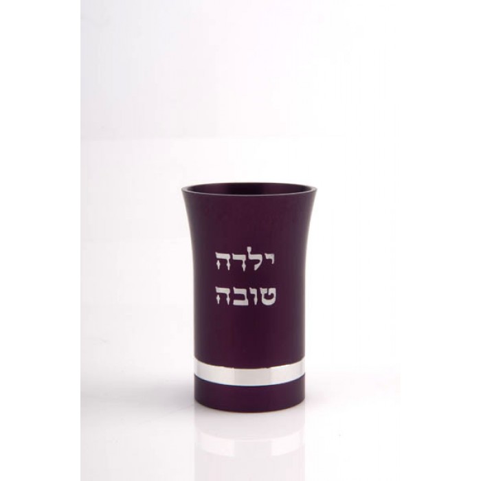 Purple Aluminum Kiddush Cup with Hebrew Text and Silver Stripe