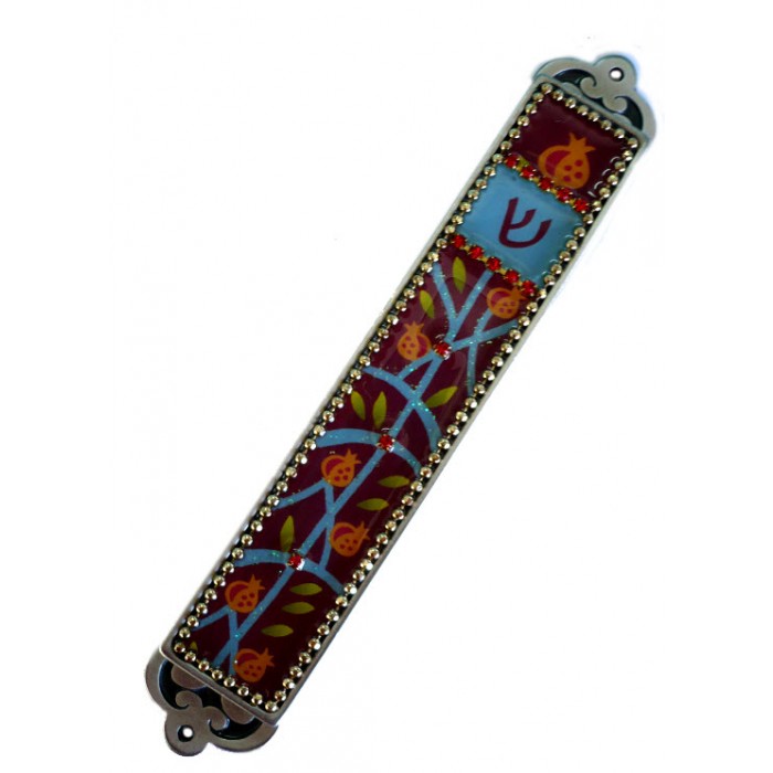 7 cm Pewter Plated Mezuzah with Hand-Painted Decoration