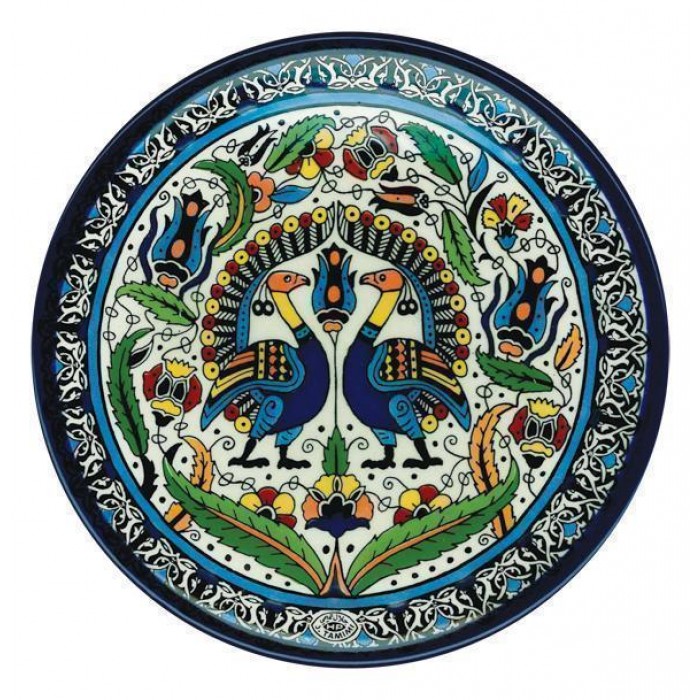 Armenian Ceramic Plate with Colorful Peacock & Floral Motif