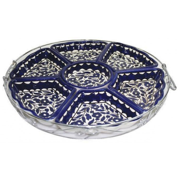 Armenian Ceramic Round Shell-Shaped Lazy Susan Set with Blue Flowers