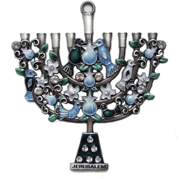 Wall Hanging with Small Menorah and Pomegranate Design in Pewter