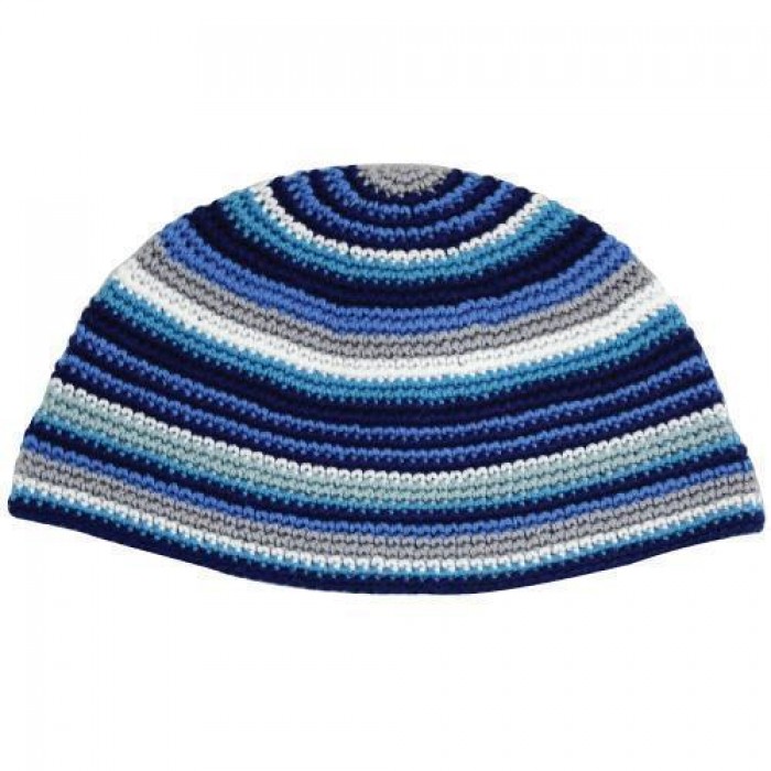 Kippah with Knitted Frik Design in Blue White and Gray