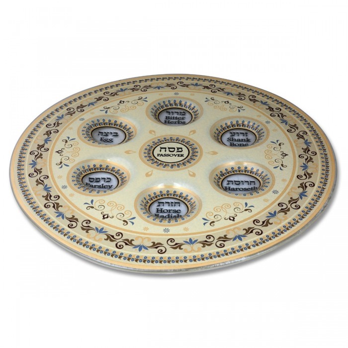 Seder Plate in Brown Glass with Floral Pattern