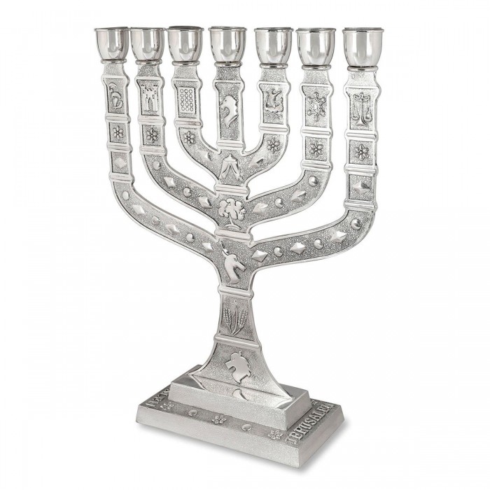 Y. Karshi Silver-Plated Seven-Branched Knesset Menorah With Twelve Tribes Design
