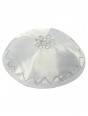 Set of 10, 15 Centimetre White Satin Kippah's with Silver Embroidery
