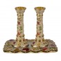 Beige Enamel and Gold-plated Column Shabbat Candlesticks with Tray