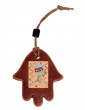Small Brown Ceramic Hamsa with Brightly Colored Fish and Zigzag Lines